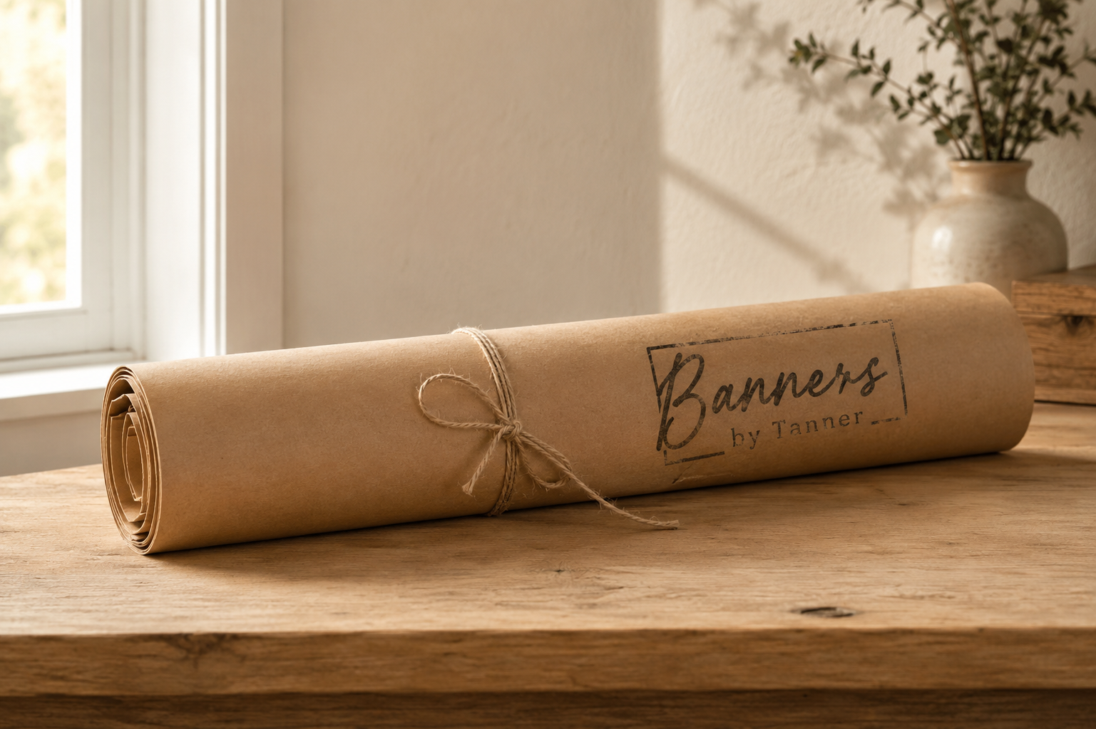 Hand-painted Banners by Tanner banner on kraft paper with painted color swatches and botanical line drawings